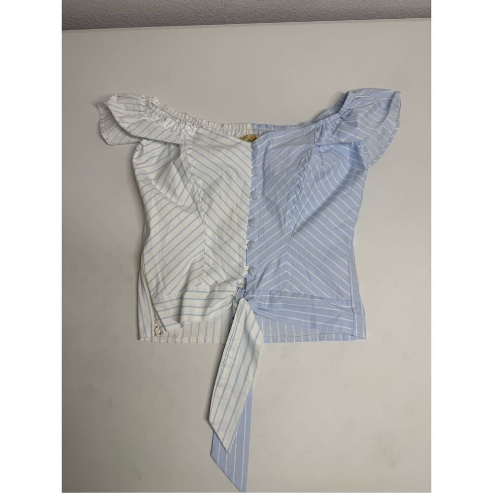 NWT OCXYRUS Blue White Striped Off The Shoulder Top Size S Button Trim Tie Front